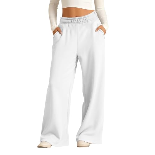Girls Oversized Wide Leg Sweatpants Kids Baggy Straight Leg Track Pants Casual Plain Pockets Teen Girls Thick Warm School Trousers Kids Tracksuit Bottoms Elastic High Waist (White, 11-12 Years)