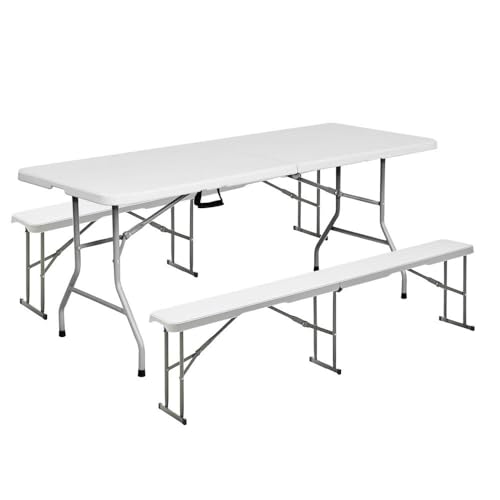LOLAhome Conjunto Mesa 180 cm y 2 Bancos Plegable, de Acero Anticorrosión y HDPE | Resistente, fácil Transporte, fácil Montaje | Ideal Acampadas, Picnic, Catering, Jardín, Terraza