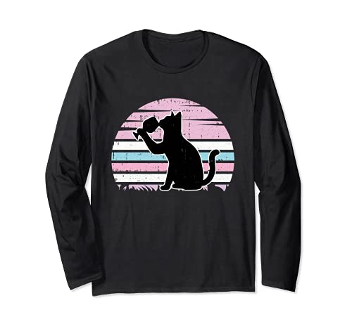 Cat And Wine Intersexual Pride Retro Drinking LGBT-Q Ally Long Sleeve T-Shirt, Black