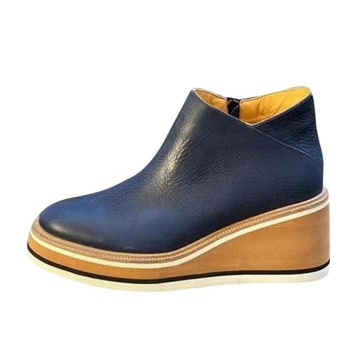 Women's Ankle Boots Casual Round Toe Leather Platform Wedge Booties Fall Winter Lightweight Comfortable Chunky Bottom High Heels Short Ankle Boot for Women