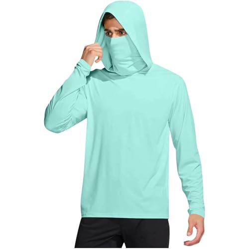Mens UPF 50+ Sun Protection Shirts Lightweight Long Sleeve Hooded Shirt with Mask Cooling Hiking Fishing Outdoor Tee
