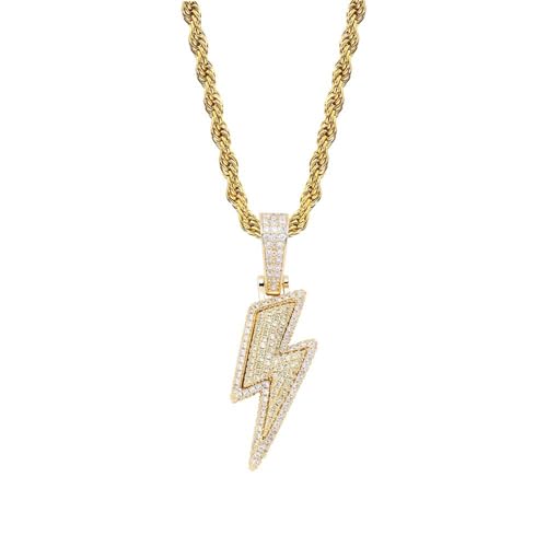 JINAO Hip Hop Lightning Bolt Design Pendant 18k Gold Plated Iced Out Cubic Zirconia Pendant Necklace with Micropave Simulated Diamond for Men Women