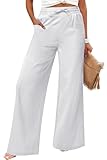 JEKAOYI Women's Casual Linen Wide Leg Pants with Pockets Boho Palazzo High Waisted Drawstring Lounge Trousers White