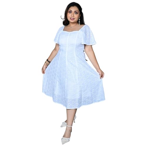 Image of Women's Plus Size Cotton Hakoba A-Line Midi Dress, White Cotton with Sweetheart Neckline & Short Flutter Sleeves, Flowy Elegant Summer Dress