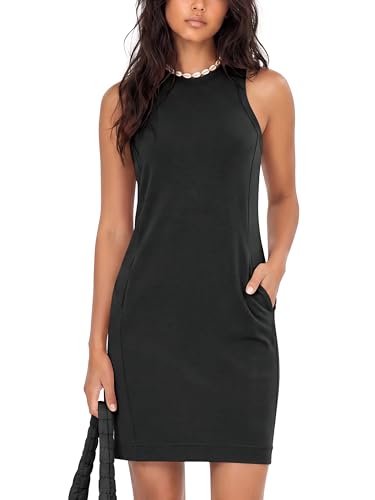 Image of ODODOS Modal Soft Loose Tank Dress for Women Casual Sleeveless Sundress with Kangaroo Pocket Summer Dress, Black, Small