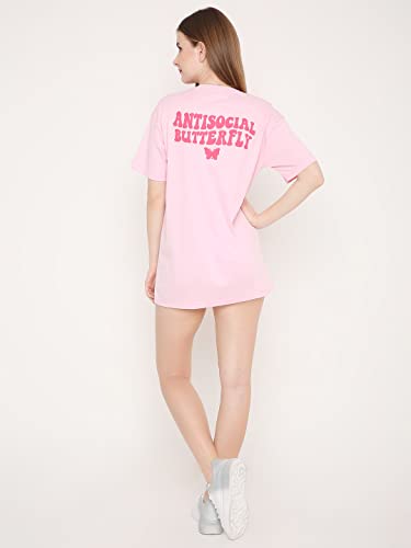 Image of BLANCD Women's Pure Cotton Casual Oversized Anti Social Butterfly Print Round Neck Drop Shoulder Loose Tshirt