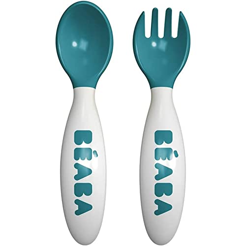 BÉABA, Lot de 2 Couverts Ergonomique d'apprentissage 2ème Âge, Dès 8 mois, Prise en main facile pour Bébé, Adaptée aux droitiers et aux gauchers, Boîte...