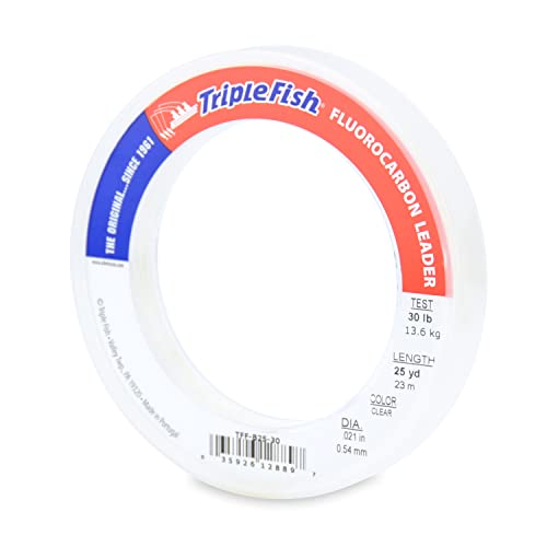 Triple Fish 100% Fluorocarbon Leader, 30 lb / 13.6 kg Test, 0.021 in / 0.54 mm Dia, Clear, 25 yd / 23 m,TFF-B25-30