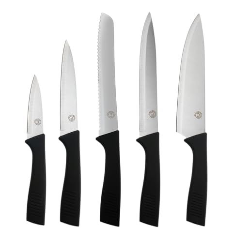 MasterChef Cuchillos Cocina, Set Cuchillo de Chef (Carne, Sierra por Pan, Verduras y Pescados), Colección de Acero Inoxidable con Asas Suaves al Tacto, Multifuncional, 5 Piezas, Argent