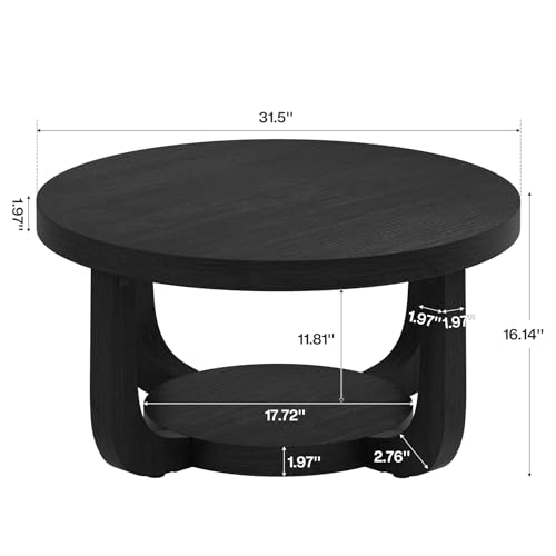 Image of Tribesigns Round Coffee Table, 2-Tier Circle Coffee Table with Storage, Modern Wooden Accent Center Table for Living Room, Thick Tabletop & Base, Black