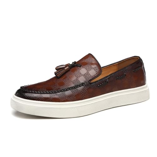 Image of Zeberfi Men's Plaid Pattern Leather Slip On Tassel Loafers Fashion Round Toe Low Top Non-Slip Luxury Business Casual Shoes