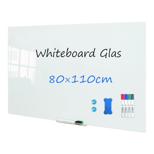DEVELOP Weißes Glas-Whiteboard 80x110cm | Rahmenlose magnetische Tafel aus gehärtetem Glas | Inkl. 4 Marker, 2 Starkmagnete & Schwamm | Für Wandmontage (Büro/Home-Office)