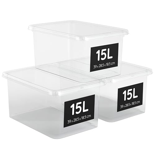 AHIOVA 3 Cajas Almacenaje Plastico 15L con Tapa, Cestas Organizadoras Apilables y 100% Transparentes. Caja Almacenamiento de Click a Presión. Libre de BPA 39x28,5x18,8cm (15 Litros)