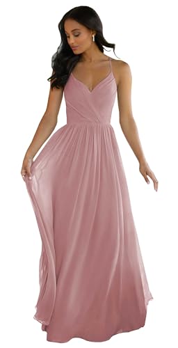 Image of LANGKAAO Women's V Neck Bridesmaid Dresses Long for Wedding A-Line Chiffon Open Back Formal Gown with Pockets