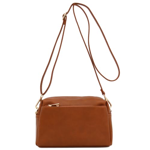 FashionPuzzle Triple Zip Small Crossbody Bag (Saddle Brown)
