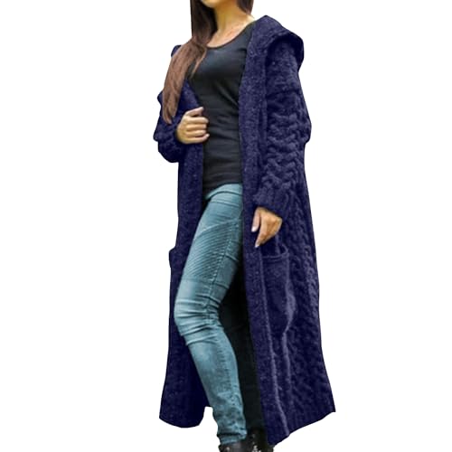 Women Hooded Long Cardigan Coat Casual Puls Size Cable Knit Open Front Oversized Cardigan Sweater with Pokects Denim Blue