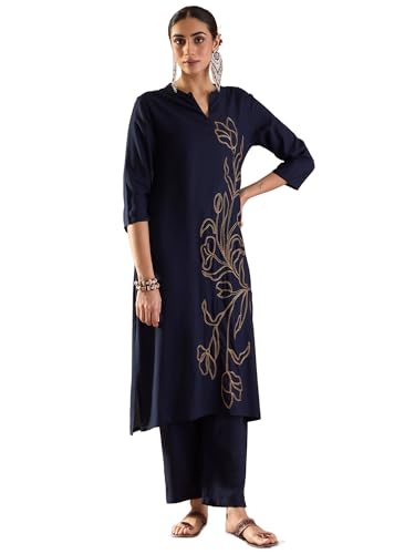 Image of INDO ERA Women's Viscose Rayon Floral Embroidered Straight Calf Length Kurta & Pant Set (IEAI12330)
