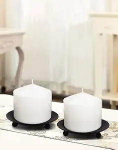 Home Trends India Metal T-Light Holder and Pillar Holder Plates, Black Iron Round Candle Tray Pedestal Candle Stand for Pillar Candles, Metal Candle Holders (Pack of 2 Finish - Matt Black)
