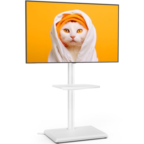 TVON Universal Floor TV Stand with Mount for Most 32-65 Inch TVs up to 88lbs, Height Adjustable TV Floor Stand with Wood Base for Space Saving (White, Wooden Base+1 Shelf)