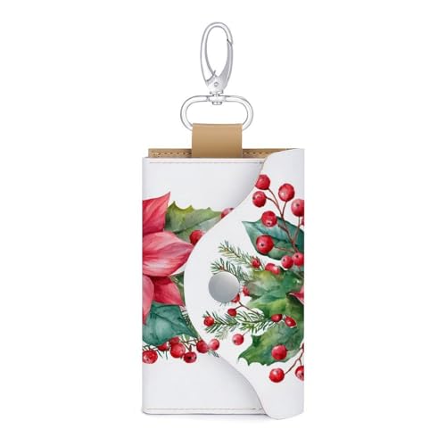 Red Christmas Flowers Holly Pinecones Key Holder Bag PU Leather ID Card Holder Keychains Case Cover for Men Women