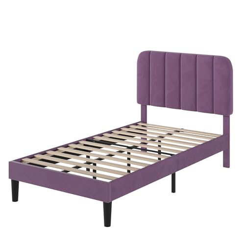 Image of VECELO Twin Size Bed Frame with Upholstered Headboard, Velvet Platform Bedframe Mattress Foundation, Strong Wood Slat Support, No Box Spring Needed,Purple