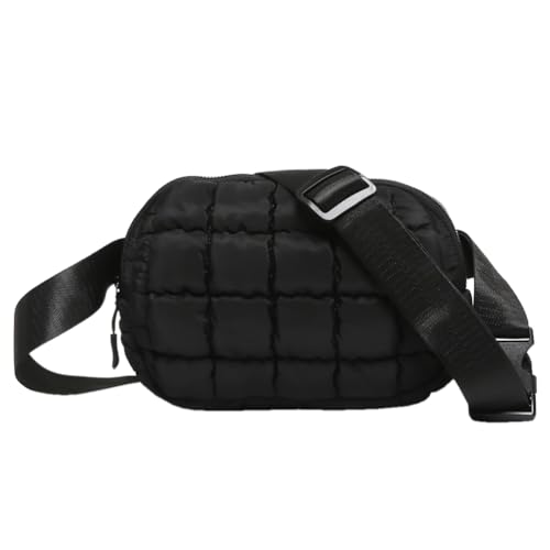 Women Puffy Crossbody Bag Zipper Closure Puffy Shoulder Bag Solid Color Plaid Quilted Sling Bag Female Commute Bag (Black)