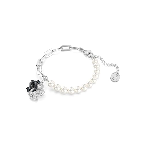 Swarovski Swan bracelet, Crystal pearl, Swan, Black, Rhodium finish2