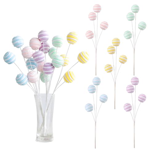 5Pcs Pastel Christmas Tree Ball Picks, 14.9” Macaron Color Woolen Spray with Gitter for Christmas Tree Topper Decorations Vase Filler Xmas Home Decor New Year Gifts (Ball)