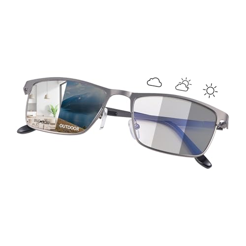 PEEPAI Photochromic Blue Light Blocking Glasses Spring Hinge Rectangle Al-Mg Metal Frame UV400 Sunglasses Computer Games Blue Light Screen Blocker Glasses for Men Women