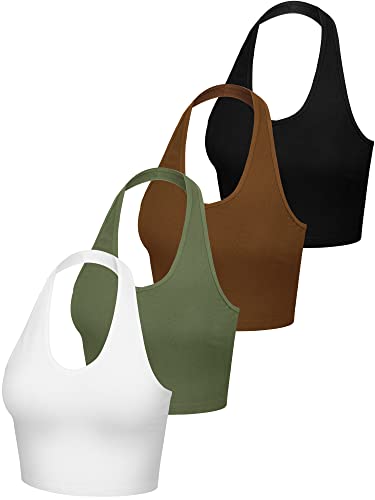 4 Pack Women Halter Tops V Neck Crop Halterneck Tank Backless Tie Back Crop Top Deep V Neck Vest(Large,Black, White, Army Green, Coffee)