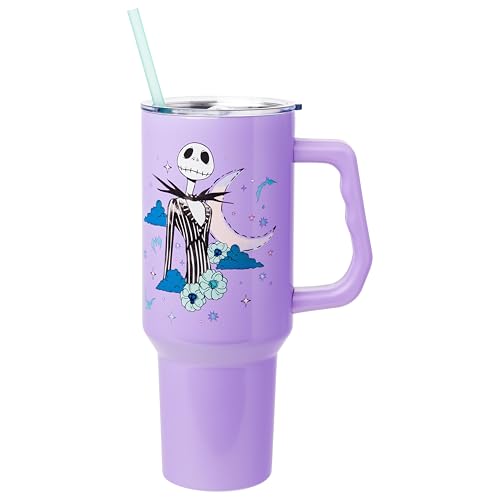 Image of Silver Buffalo Disney Nightmare Before Christmas by Tim Burton Jack Skellington Stainless Steel Tumbler with Handle and Straw, Fits in Standard Cup Holder, 40 Ounces (Pack of 12)