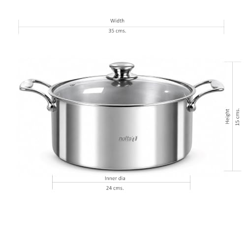 Image of NOLTA 3.5L Triply Biryani Pot, Induction Base, 5yr Warranty, ISI Certified | Heavy Bottom, 100% Food Safe, Consumes Less Oil, Biriyani Handi / Curry / Stew Pot with Glass Lid (24cm dia)