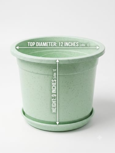 Image of 12 Inch Glossy Plastic Planter with Bottom Plate | Heavy Duty Flower Pot with Tray for Indoor Home Decor, Balcony, Living Room & Outdoor Garden (4 Pot, Mint Sparkle)