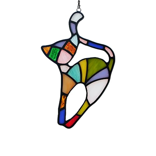 BOXCASA Cat Stained Glass Suncatcher for Window,Rainbow Cat Stretching Rainbow Bridge Gifts for Cats Lovers,Colorful Stained Glass Window Hanging Cats Themed Gifts for Women