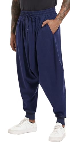 PACEIADTA Men Elastic Waist Harem Pants Loose Drawstring Drop Crotch Trousers (Small, Blue-1)2