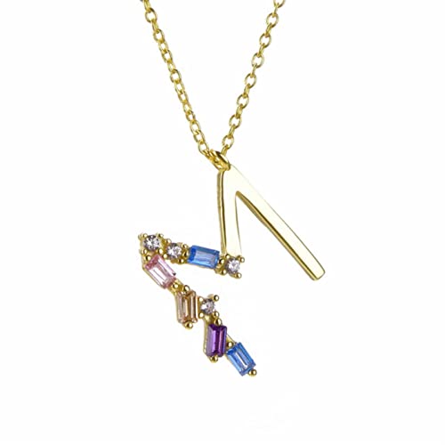 TIANGUO 925 Sterling Mini Mini MINUT Lettre Collier à Longue chaîne Alphabet Pendentif Crystal Rainbow Collier Zircon-Gold M Cover