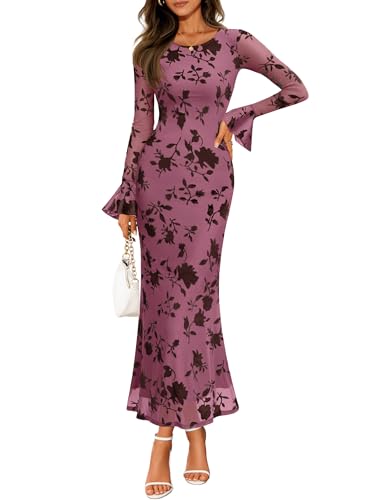 ZESICA Women's 2026 Bell Long Sleeve Floral Maxi Dress Spring Fashion Bodycon Mesh Wedding Guest Cocktail Party Dresses GreyPink Medium