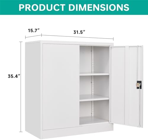 Small Metal Cabinet with Shelves,36 inch Garage Storage Cabinet with Lock,White Metal Storage Cabinets with Locking Doors,Lockable Office File Cabinets for Home,Office,Shop,Garage