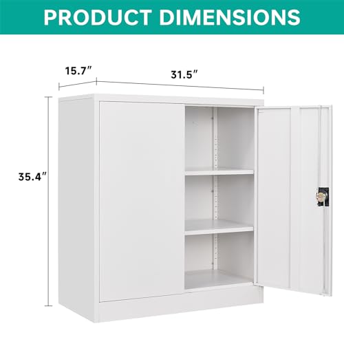 Small Metal Cabinet with Shelves,36 inch Garage Storage Cabinet with Lock,White Metal Storage Cabinets with Locking Doors,Lockable Office File Cabinets for Home,Office,Shop,Garage