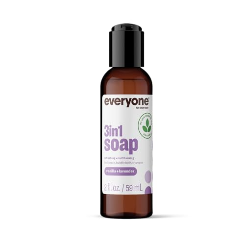 Image of Everyone 3-in-1 Soap Body Wash, Bubble Bath, Shampoo, Travel Size, 2 Ounce (Pack of 12), Vanilla and Lavender, made with Essential Oils for Men and Women | Travel size bulk 12-pack | shampoo + body wash + bubble bath | essential oils | natural | men and women