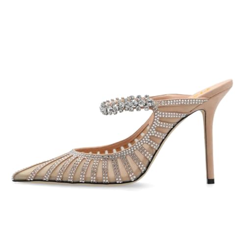 FYS Women's Pointed Toe Slip on Mules Rhinestone Studded Stiletto High Heel Sandals Shining Sexy Party Evening Shoes Size 4-16 US2