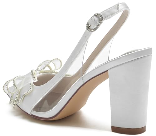 Hanfike Wedding Dress Shoes for Women Slingback Chunky High Heel Bridal Pumps with Bows JY0233