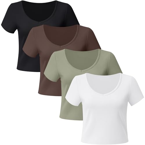 4 Pack Womens V Neck T-Shirts Short Sleeve Cotton Crop Tops Slim Fit Summer Basic Tee3
