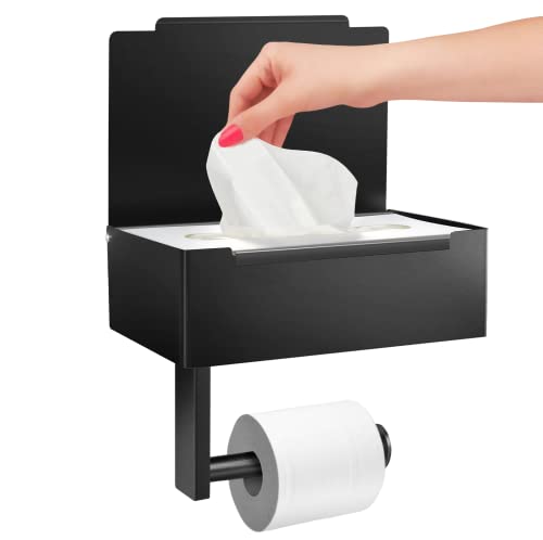 Jinhuaxin Portarrollos Baño, Portarrollos para Papel Higiénico con Caja de Pañuelos Húmedos, Porta Rollos de Papel Higienico (Adhesivo/Drilling), Soporte Papel Higienico Acero INOX Negro Cover