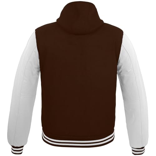 Image of Deckra Men's Varsity Jacket Genuine Leather Sleeve and Wool Blend Letterman Boys College Varsity Jackets with Hood XXS-5XL