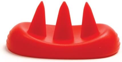 A close-up view of a single red Norpro Potato Cookier stand, showing its three pointed prongs.