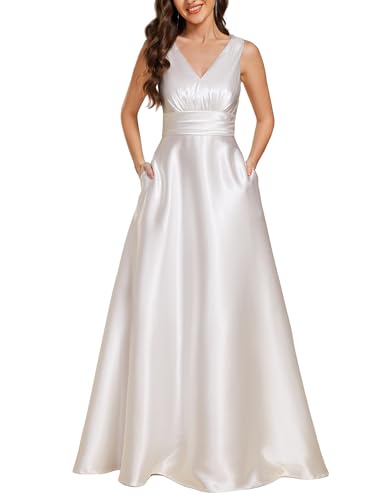Ever-Pretty Vestido Dama de Honor Largo Elegante con Bolsillos Satín Cuello en V Vestido de Noche Sin Mangas Blanco 54