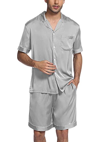 Image of Ekouaer Mens Satin Pajamas Set Button-Down Short Sleeve Shirt Top Soft Silk Sleepwear Shorts with Pockets