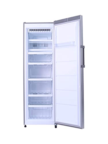 مجمد رأسي من سوبر جنرال موديل KSGUF401NFP، فري ستاندينج، باب يفتح من اليسار، لون فضي، مع تحكم ديجيتال وإضاءة LED ورفوف زجاج مقسى، سعة 260 لتر