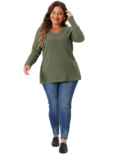 Agnes Orinda Plus Size Knit Tops for Women Long Sleeve V Neck Button Stretch Casual Pullover Sweater Blouses3